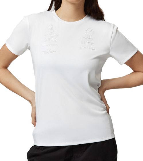 T-shirt pour femme avec logo furtif Mercedes-Benz AMG Petronas F1 et logos de l'équipe et des sponsors en Motorsport 701225461 002 Blanc