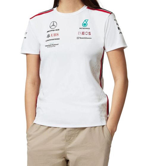 Camiseta de piloto de F1 de Mercedes-Benz AMG Petronas para mujer con logotipos del equipo y del patrocinador Camisa de Motorsport 701223420 002 Blanco