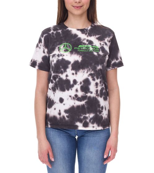 Mercedes-Benz AMG Petronas F1 Tie Dye - Maglietta da donna in cotone con scollo rotondo e loghi della squadra e degli sponsor, T-shirt in stile batik 701225139 001 Nero/Crema