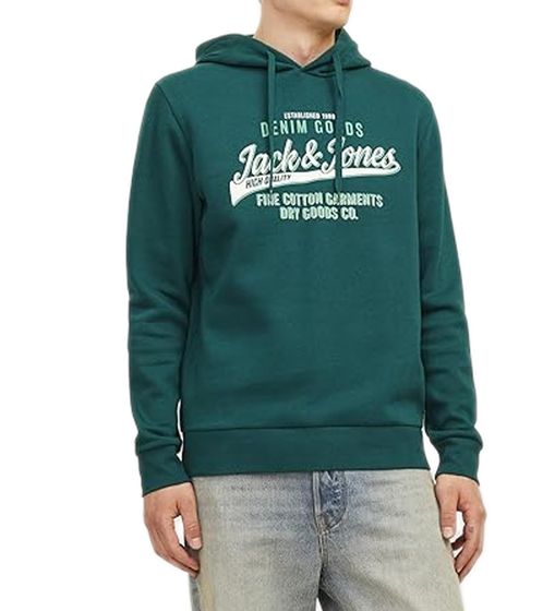 JACK & JONES Men's Hoodie Cotton Sweater with Colored Accents in the Lettering Long Sleeve Shirt 12255617 Petrol Green