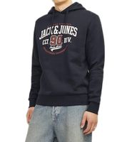 JACK & JONES Herren Kapuzen-Pullover Baumwoll-Pullover mit farblichen Akzenten im Schriftzug Langarm-Shirt 12255617 Dunkelblau