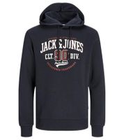 JACK & JONES Herren Kapuzen-Pullover Baumwoll-Pullover mit farblichen Akzenten im Schriftzug Langarm-Shirt 12255617 Dunkelblau