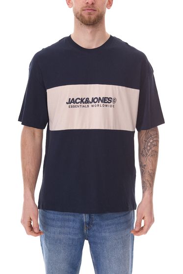 Chemise à col rond pour homme JACK & JONES Chemise en coton T-shirt à manches courtes 12258883 Bleu foncé//Beige