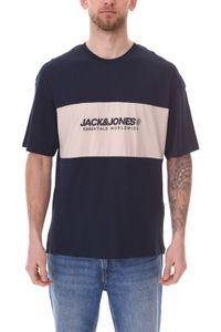 JACK & JONES Uomo Girocollo Camicia Cotone T-Shirt Manica Corta Camicia 12258883 Blu Scuro//Beige