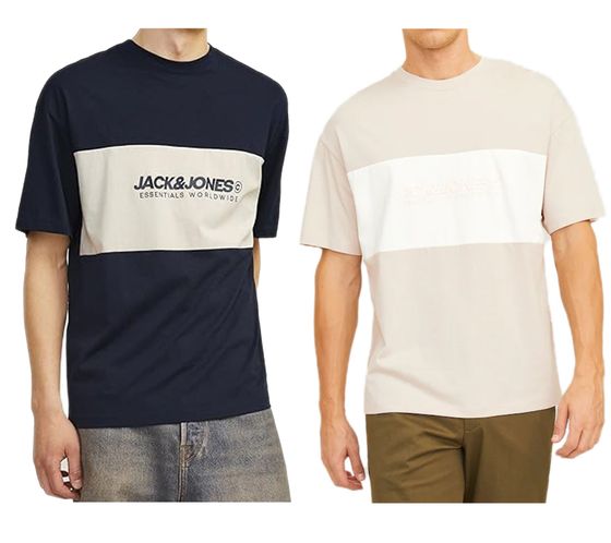 JACK & JONES Herren Rundhals-Shirt Baumwoll-Shirt T-Shirt Kurzarm-Shirt 12258883 Beige/Weiß oder Dunkelblau/Beige