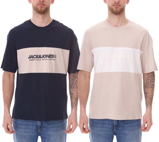 Chemise à col rond pour homme JACK & JONES Chemise en coton T-shirt à manches courtes 12258883 Beige/Blanc ou Bleu foncé/Beige