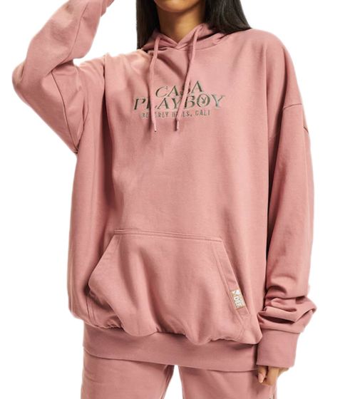 PLAYBOY x DEF Damen schlichter Kapuzen-Pullover mit großem Schriftzug "CASA PLAYBOY " Langarm-Shirt Oversize Baumwoll-Pullover DFPBHD1011 Rosa