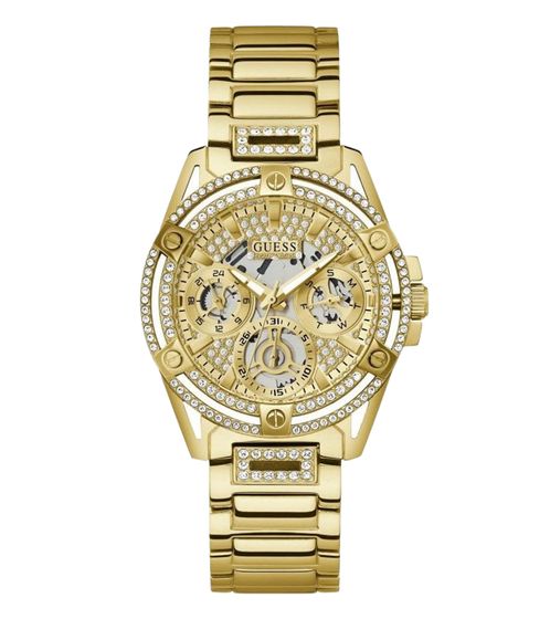 GUESS Damen Quarz-Uhr mit Wasserdichtigkeit 5 ATM Edelstahl-Uhr Armband-Uhr GW0464L2 Gold