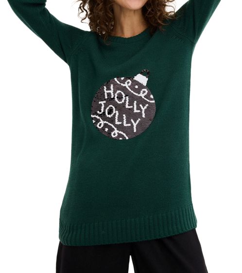 Damen Weihnachts-Pullover mit Wendepailletten in Christbaumkugel-Optik Strick-Pullover Rundhals-Sweater 960129 Grün