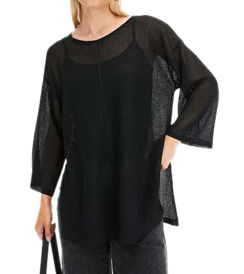 Damen nachhaltiger Sommer-Pullover mit Ajourmuster transparentes Langarm-Shirt 929803 Schwarz