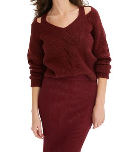 Suéter de punto para mujer con aberturas en la zona de los hombros Suéter de otoño Suéter corto Camisa de manga larga 952000 Rojo oscuro