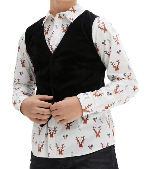 Conjunto Infantil de Camisa de Algodón y Chaleco de Terciopelo con Estampado de Renos Navideños Niño Adolescente Negro/Blanco