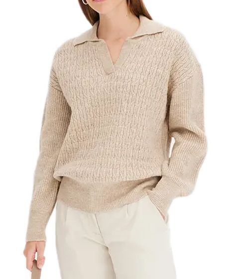 Suéter de punto para mujer con patrón calado, suéter suave de invierno con cuello en V, camisa de manga larga 930657 Beige