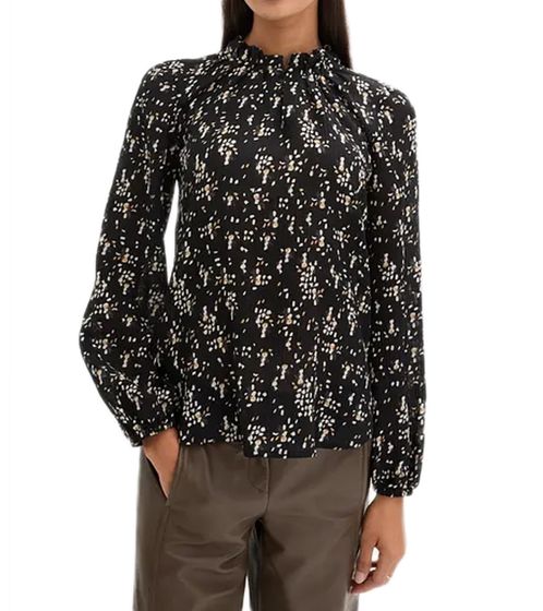 Blusa de verano para mujer con contenido de seda Blusa de lana fina Camisa tipo túnica arrugada de manga larga 974161 Negro