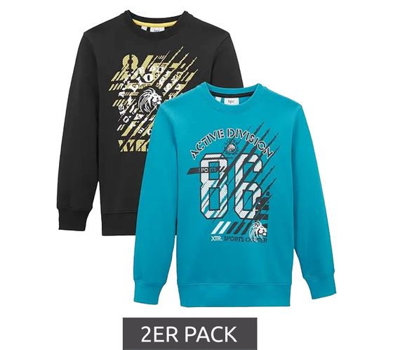 2er Pack Kinder Sweatshirt für Jungen Baumwoll-Pullover mit großem Front-Print Sweater 924512 Schwarz/Türkis