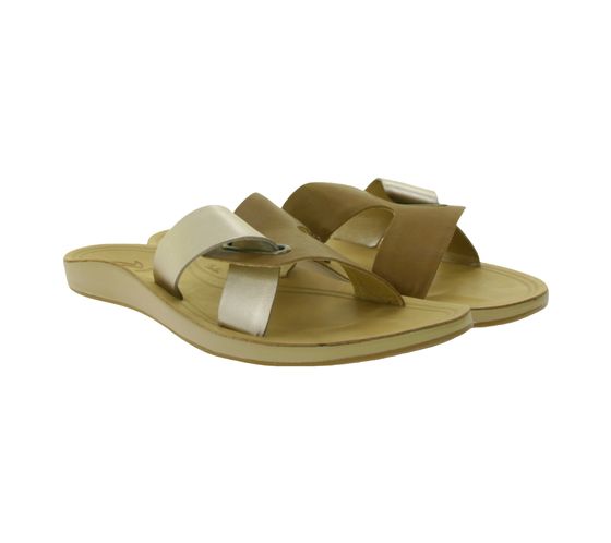 OluKai Nonohe 'Olu Damen Echtleder-Sandalette Sommer-Schlappen mit Wet-Grip-Gummilaufsohle 20441-34GS Braun/Gold