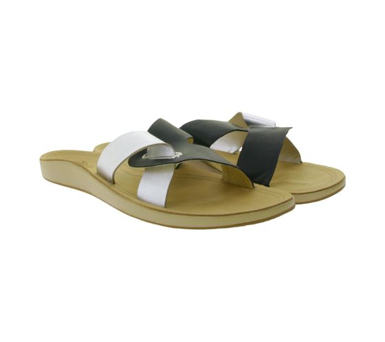 OluKai Nonohe 'Olu women's genuine leather sandals summer slippers with wet-grip rubber outsole 20441-40GS black/silver