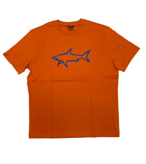 PAUL & SHARK T-shirt da uomo in cotone con stampa grande squalo, manica corta, scollo tondo, 12311633 973 arancione