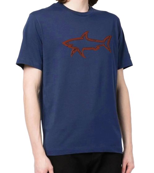 PAUL & SHARK Herren T-Shirt mit Hai-Print in 3D-Optik Baumwoll-Shirt Kurzarm-Shirt Rundhals-Shirt 12311633 402 Blau