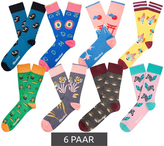 6 Paar Moustard Baumwoll-Socken mit tierischen, blumigen und Retro-Prints gemusterte lange Strümpfe Grau/Grün/Blau/Rosa/Gelb