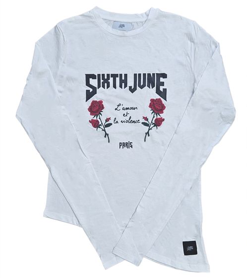 Sixth June Love Violence Herren Longssleeve Baumwoll-Pullover mit gestickten Rosen Langarm-Shirt Rundhals-Pullover M3249VTL-WHIT Weiß/Schwarz/Rot