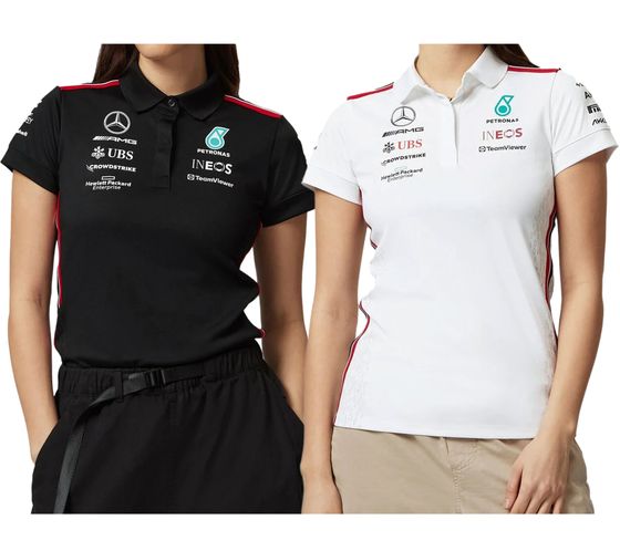 Polo da donna Mercedes-Benz AMG Petronas F1 MAPF1 RP con loghi della squadra e degli sponsor, polo a maniche corte 701223407 in nero o bianco