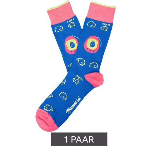 1 pair of Moustard Digipet cotton socks Tamagotchi design retro gameplay patterned long socks 22S-DIGI dark blue/pink/yellow