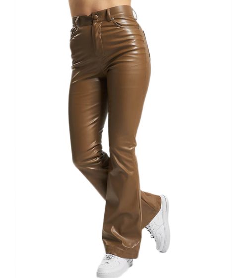 Sixth June women's faux leather trousers, flared trousers with brand embroidery, everyday trousers 33611 brown