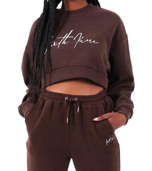 Sixth June Signature Damen Cropped-Pullover mit großer Signatur-Stickerei Rundhals-Sweater 32557 Braun