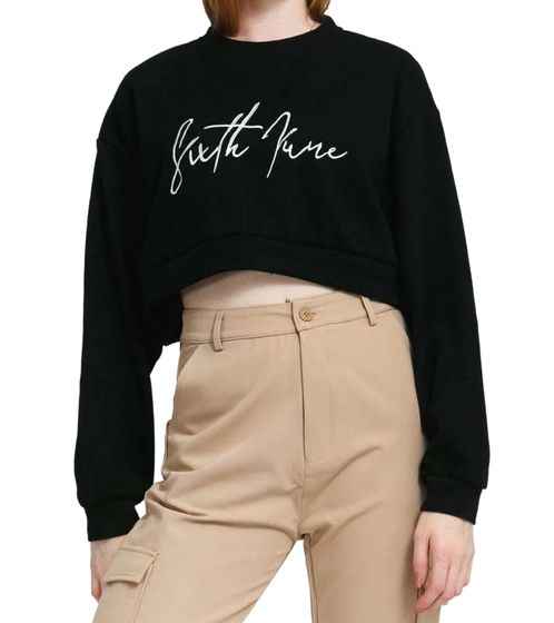 Sixth June Signature Damen Cropped-Pullover mit großer Signatur-Stickerei Rundhals-Sweater 32557 Schwarz