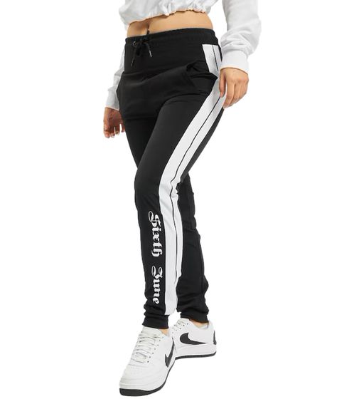 Sixth June Damen Jogging-Hose mit Logo-Print am linken Bein Sport-Hose mit kontrastierenden Streifen Fitness-Hose 32725 Schwarz