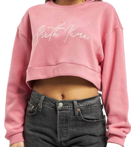 Sixth June Signature Damen Cropped-Pullover mit großer Signatur-Stickerei Rundhals-Sweater 32557 Rosa