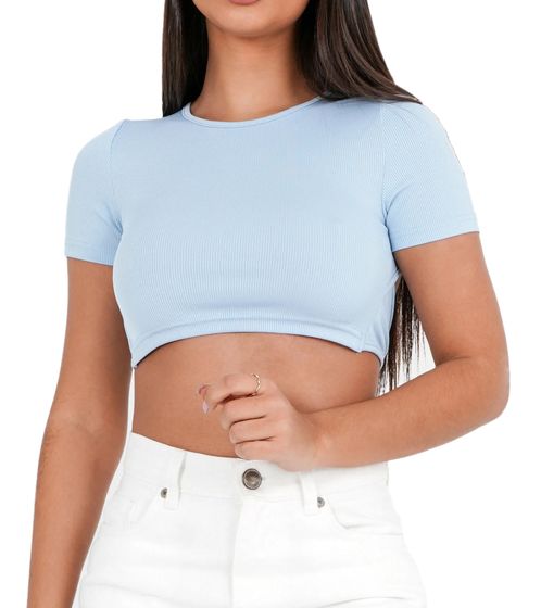 Sixth June Damen Crop-Top geripptes Sommer-Shirt mit Rückenausschnitt Kurzarm-Shirt W33854KTO-L Hellblau