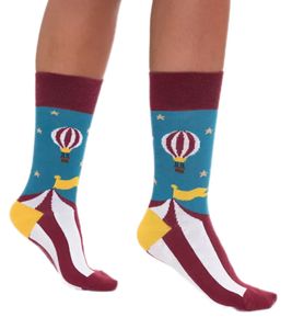 1 Paar Moustard Circus and Baloons Baumwoll-Socken Circus Design mit Heißluftballon gestreifte und gemusterte lange Strümpfe 20S-CIRCUS Blau/Rot/Gelb/Weiß