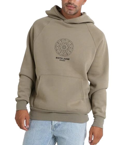 Sudadera con capucha para hombre con estampado de signos del zodíaco de gran tamaño del 6 de junio, color caqui 22629