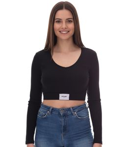 Sixth June V-Neck Damen Crop-Top mit elastischem Band und Label-Patch Langarm-Top geripptes Sommer-Shirt W34113KTO Schwarz