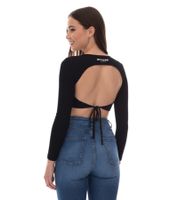 Haut court côtelé ouvert à dos pour femme de Sixth June avec haut à manches longues ouvert à dos, chemise d'été côtelée W33668KTO Noir