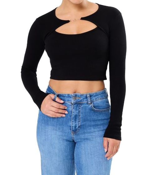 Blusa de mujer Sixth June con abertura a la altura del pecho, top corto de algodón acanalado con apliques W12481KTO, color negro