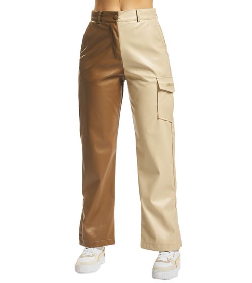 Pantalon de loisirs pour femme en skaï Sixth June en similicuir, pantalon de tous les jours à blocs de couleurs avec poche sur la jambe 12101 Beige