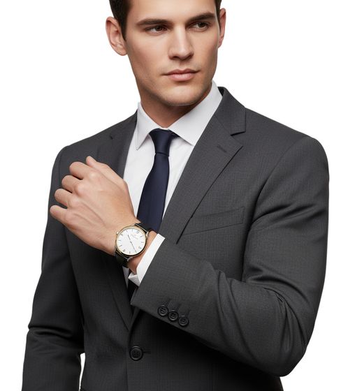 Pierre Cardin Herren Armband-Uhr in Geschenkbox analoge Quarz-Uhr mit Leder-Armband 3ATM 40mm CPI.2015 Silber/Gold/Schwarz