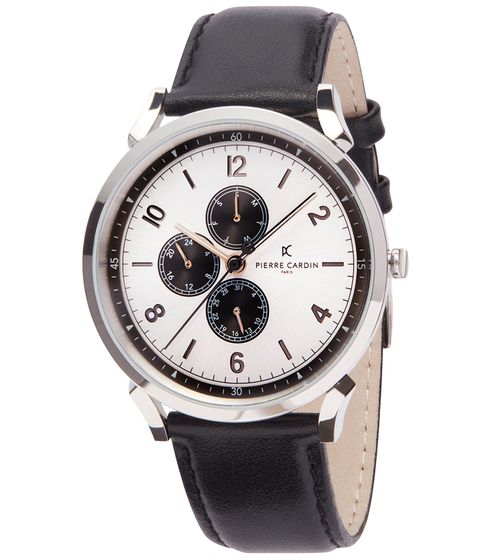 Pierre Cardin men's wristwatch with multi-dial analog quartz watch with leather strap 3ATM 44mm CPI.2029 silver/black