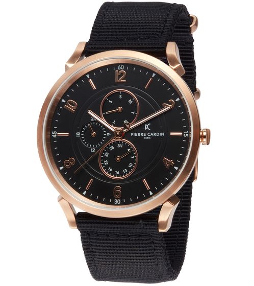 Reloj de hombre Pierre Cardin con esfera múltiple, analógico, de cuarzo, con correa de tela, 3 ATM, 44 mm, CPI.2035, negro/cobre