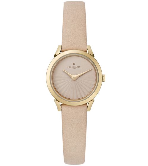 Pierre Cardin Damen Armband-Uhr schlichtes Ziffernblatt analoge Quarz-Uhr mit Leder-Armband 3ATM 27mm CPI.2508 Beige/Gold