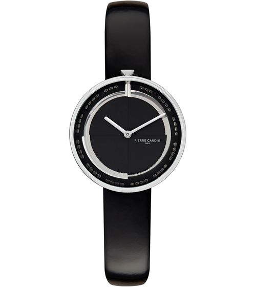 Pierre Cardin Damen Armband-Uhr modernes Ziffernblatt analoge Quarz-Uhr mit Leder-Armband 3ATM 32mm CMA.0000 Schwarz/Silber