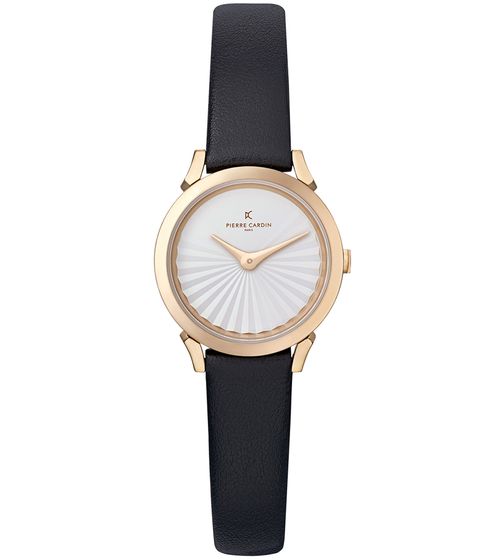 Pierre Cardin Damen Armband-Uhr Zweizeiger-Uhr analoge Quarz-Uhr mit Leder-Armband 3ATM 27mm CPI.2501 Schwarz/Rose-Gold