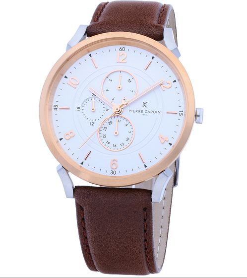 Pierre Cardin Herren Armband-Uhr mit Multi-Ziffernblatt analoge Quarz-Uhr mit Leder-Armband 3ATM 44mm CPI.2060 Braun/Rosegold/Silber