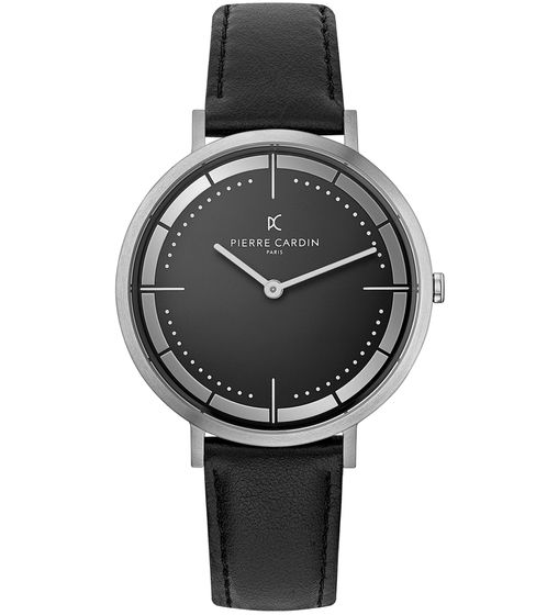 Montre à quartz analogique pour homme Pierre Cardin avec bracelet en cuir Montre-bracelet 3ATM 42 mm CBV.1029 Argent/Noir