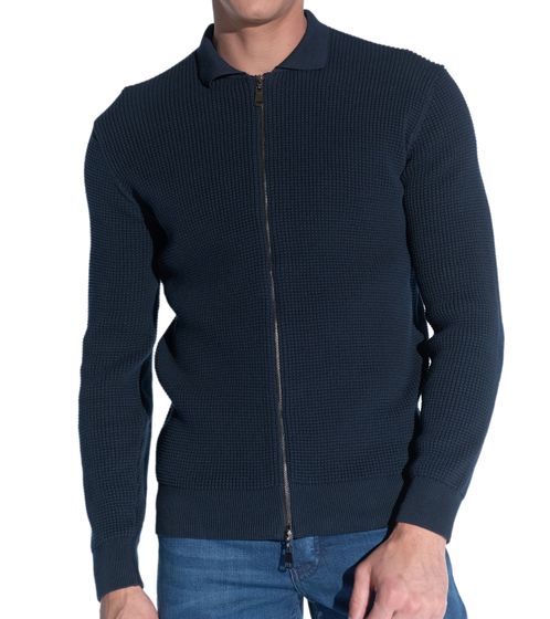 steffen klein Herren Cardigan mit Perlfang-Muster Baumwoll-Jacke mit Reißverschluss 900439 Blau