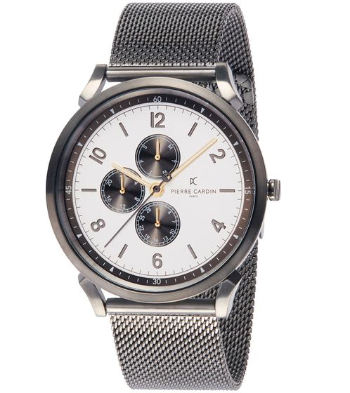 Reloj de hombre Pierre Cardin con esfera múltiple, analógico, de cuarzo, con brazalete de acero inoxidable, 3 ATM, 44 mm, CPI.2033, color plata y beige