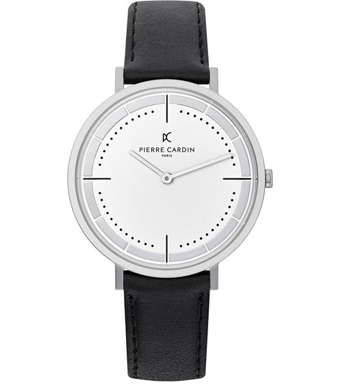 Montre à quartz analogique pour homme Pierre Cardin avec bracelet en cuir Montre-bracelet 3ATM 41 mm CBV.1025 Argent/Noir